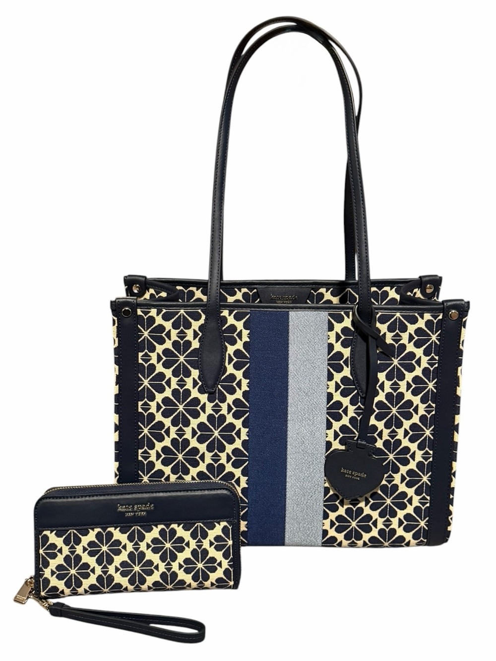 Kate Spade Spade Flower Jacquard Stripe Market Tote W/ Matching Wallet NWOT